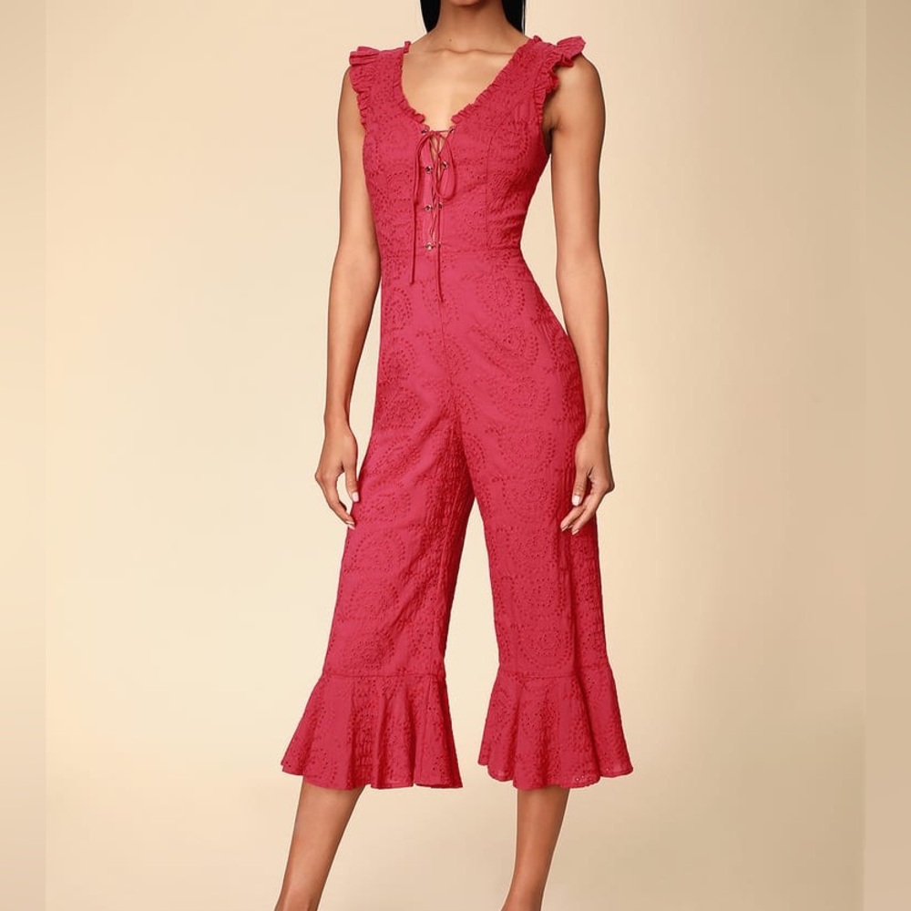 Lulu's Morning Glory Berry Red Lace Up Eyelet Cropped Jumpsuit - NEW - Size XS
